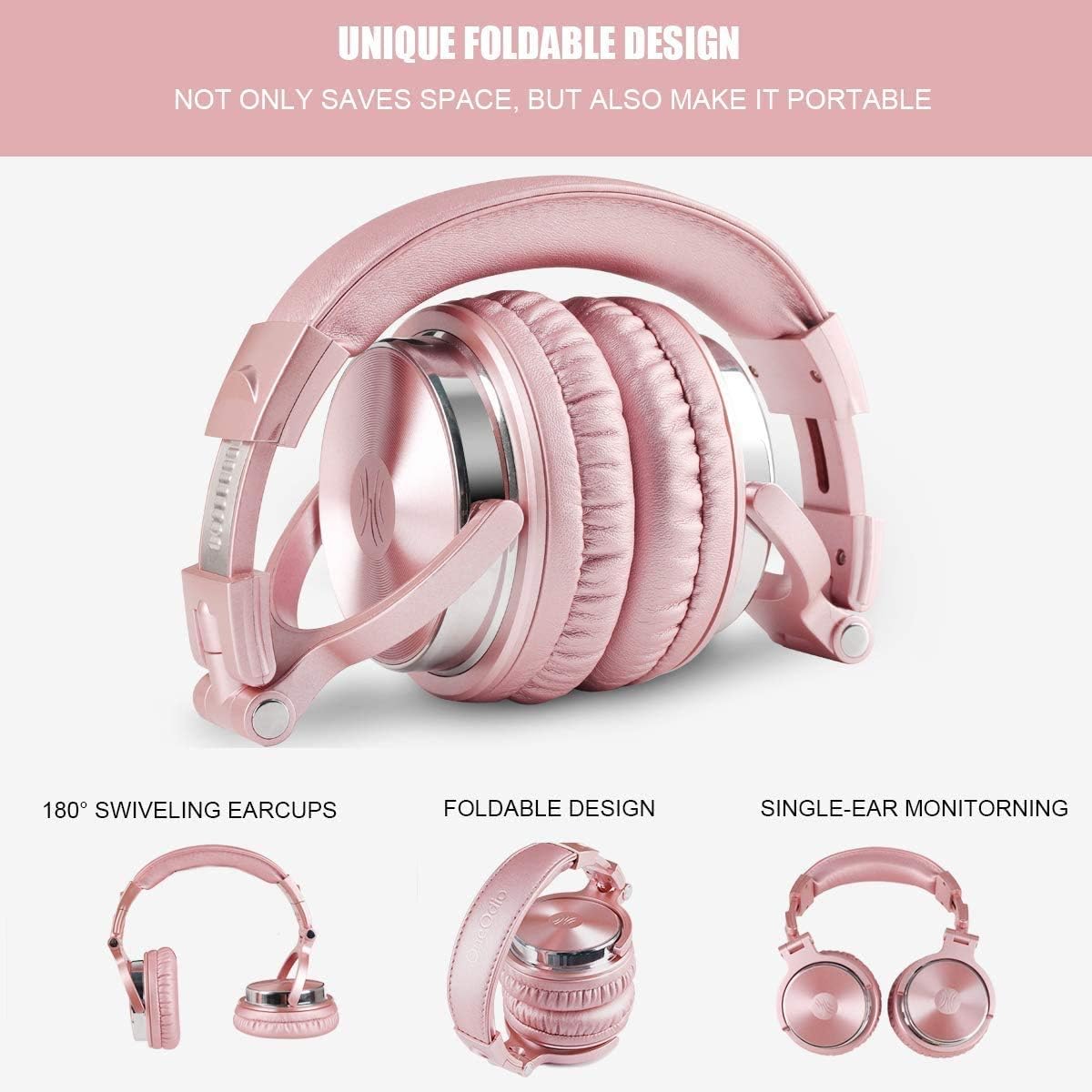 Wired Over Ear Studio Headphones 50mm Driver Foldable DJ Monitor Rose