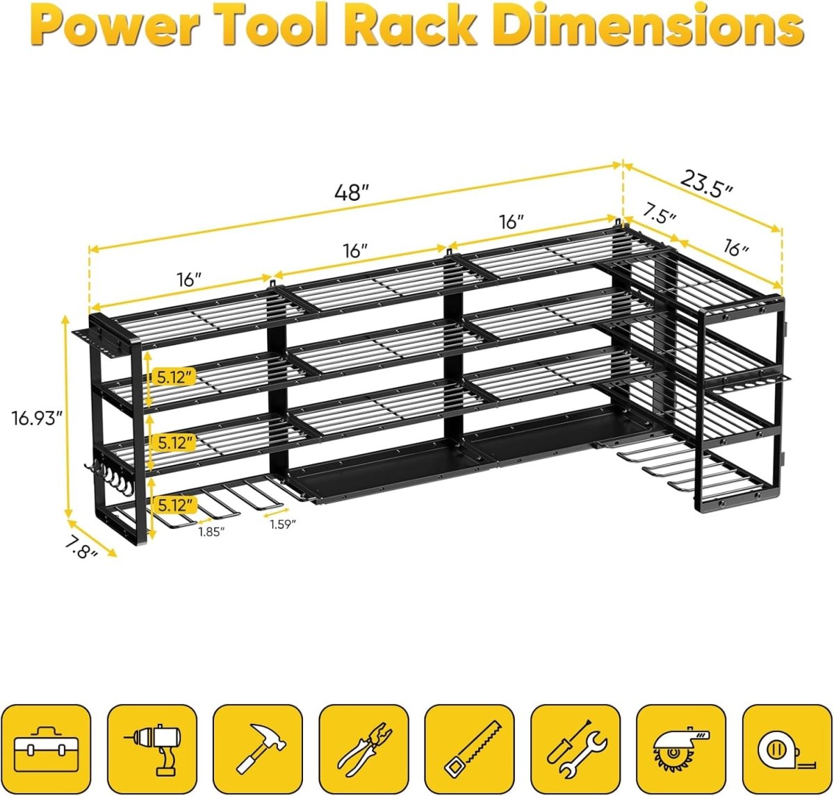 64 Inch Power Tool Organizer Wall Mount Heavy Duty 4 Tier Rack - Kwikley