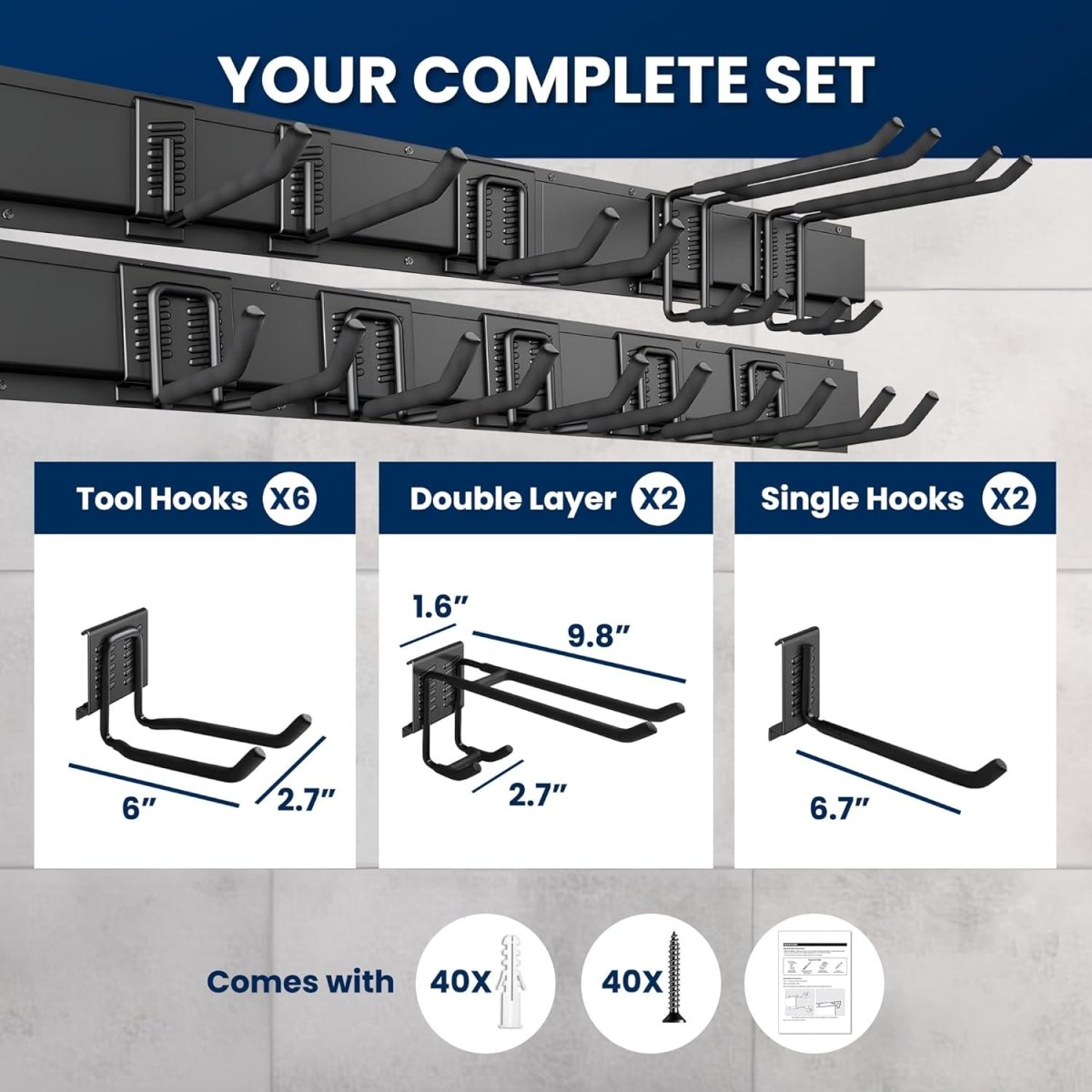 64 Inch Wall Tool Organizer Heavy Duty Garage Rack 630lbs - Kwikley