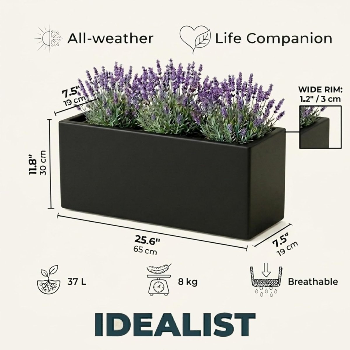 65cm Trough Planter Black Stone Effect Garden Pot 37L - Kwikley