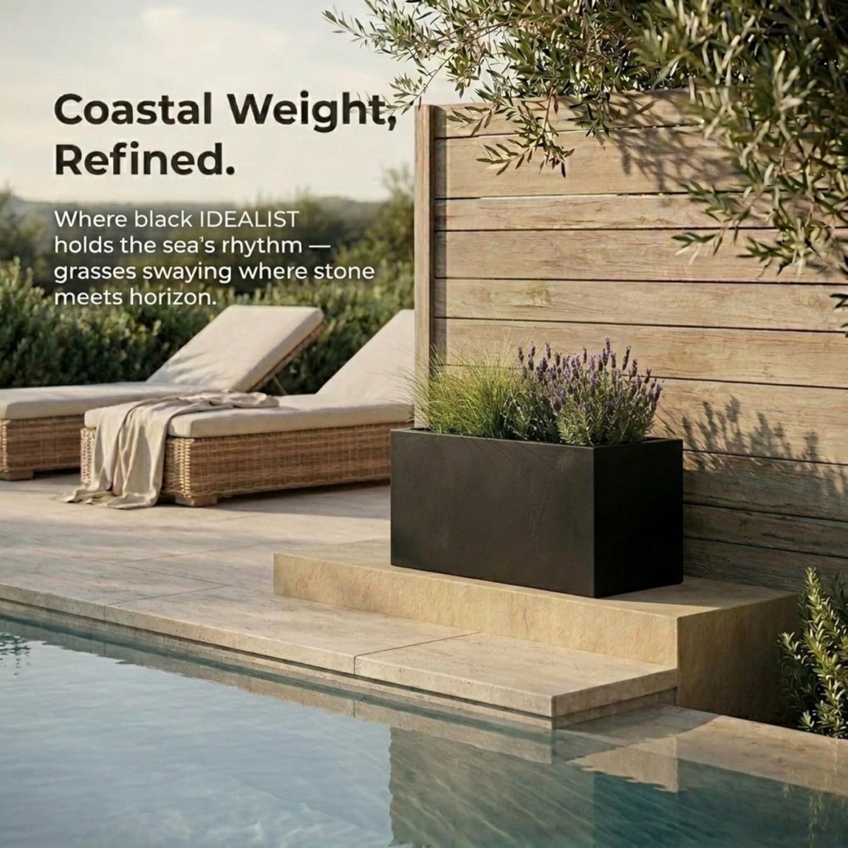 65cm Trough Planter Black Stone Effect Garden Pot 37L - Kwikley