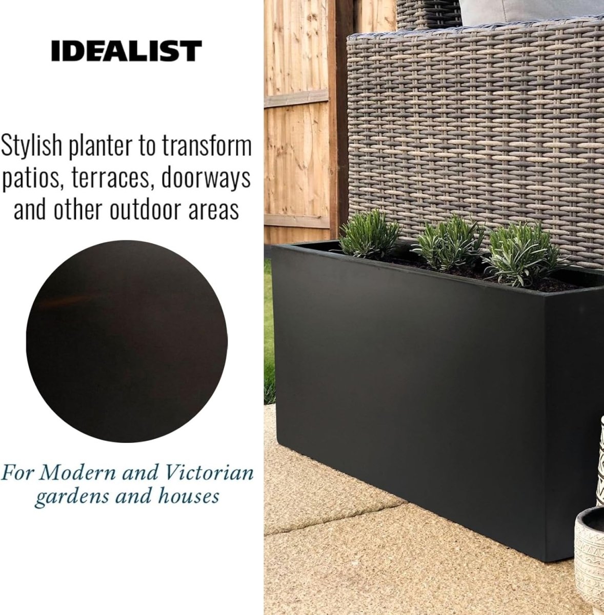 65cm Trough Planters Set 2 Black Stone Effect Garden Pots - Kwikley