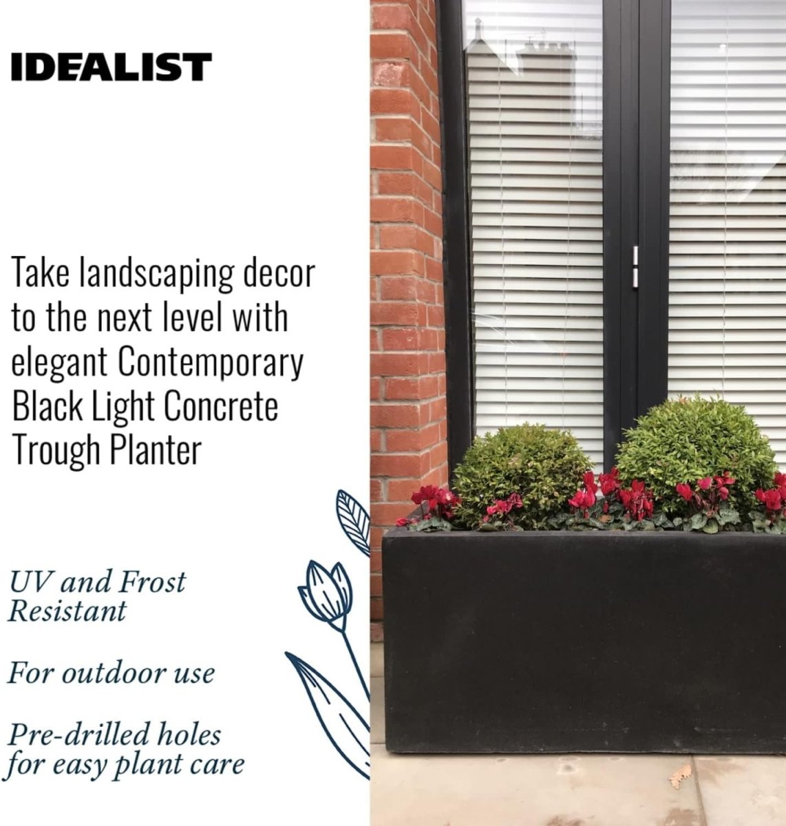 65cm Trough Planters Set 2 Black Stone Effect Garden Pots - Kwikley