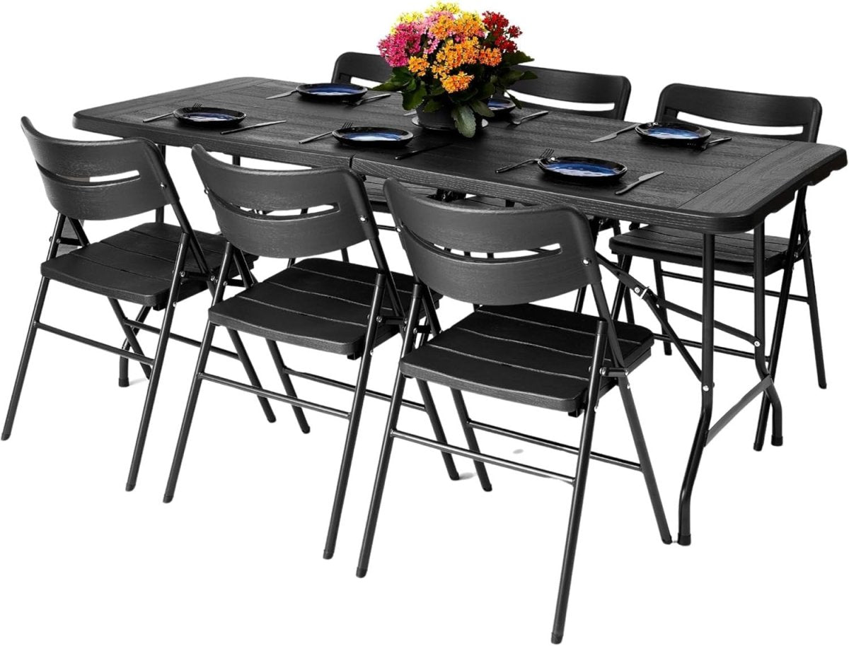 6ft Folding Table & 6 Chairs Set Indoor Outdoor Wood Grain Black - Kwikley