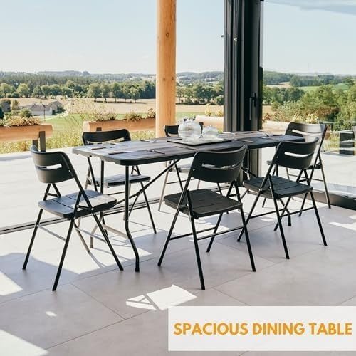 6ft Folding Table & 6 Chairs Set Indoor Outdoor Wood Grain Black - Kwikley