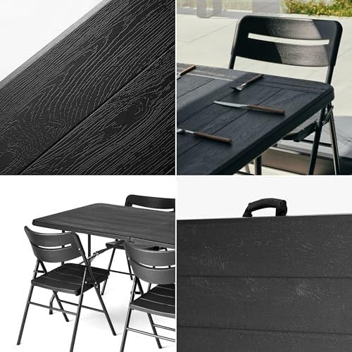 6ft Folding Table & 6 Chairs Set Indoor Outdoor Wood Grain Black - Kwikley