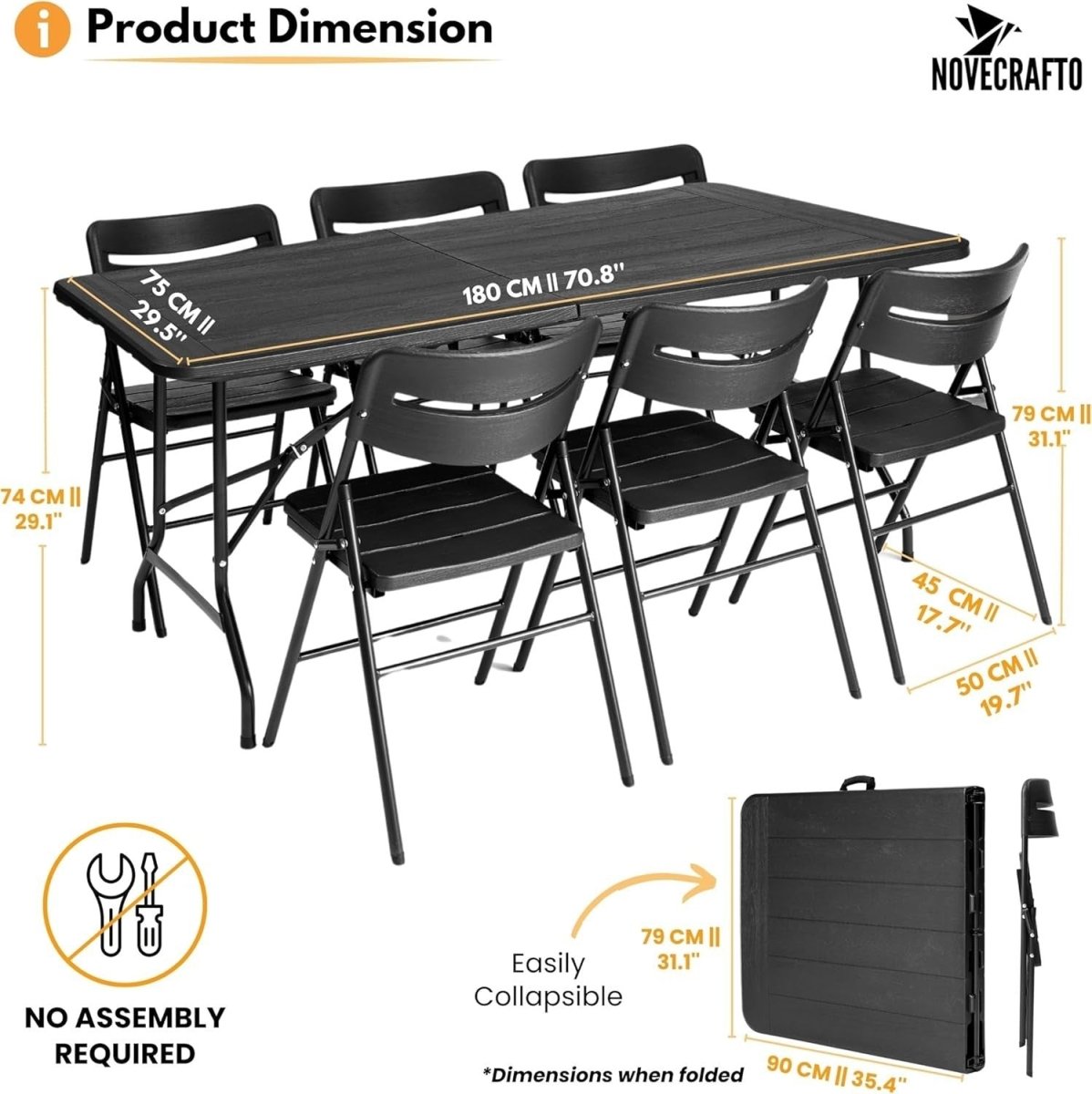 6ft Folding Table & 6 Chairs Set Indoor Outdoor Wood Grain Black - Kwikley