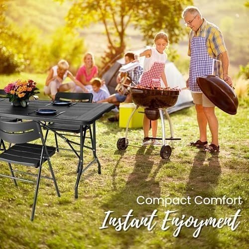 6ft Folding Table & 6 Chairs Set Indoor Outdoor Wood Grain Black - Kwikley