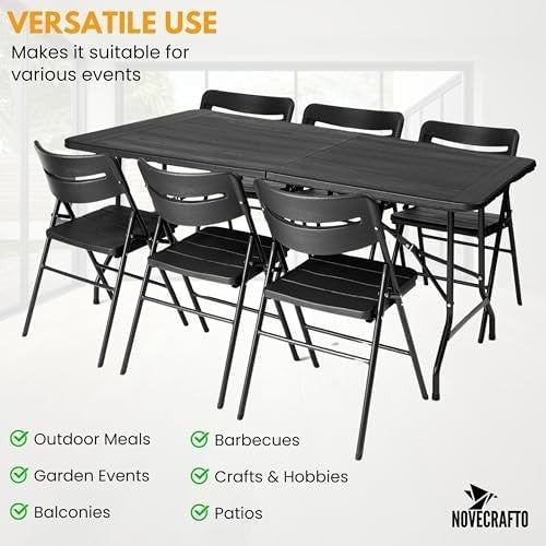 6ft Folding Table & 6 Chairs Set Indoor Outdoor Wood Grain Black - Kwikley