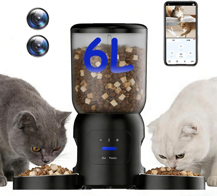 6L Smart Pet Feeder Dual Bowl 2K Camera WiFi App Auto Food Dispenser - Kwikley