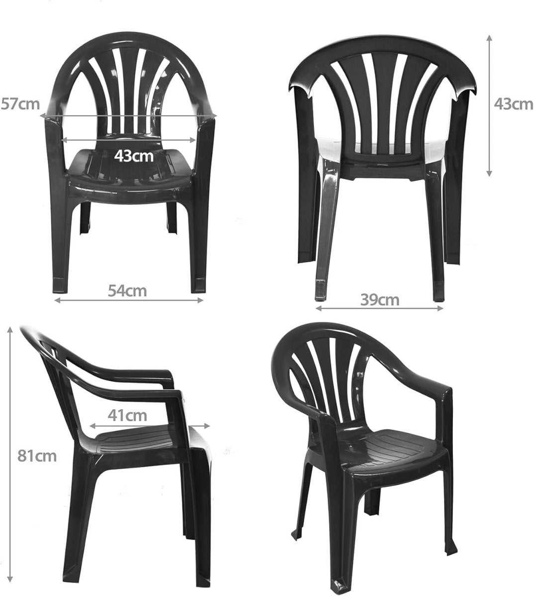 6x Stackable Plastic Garden Chairs Black Patio Outdoor - Kwikley