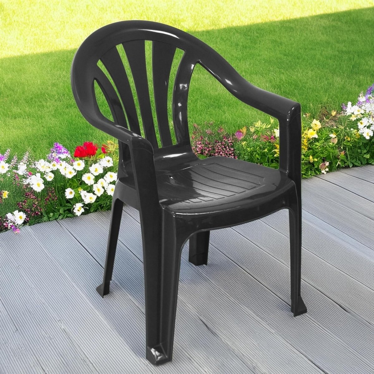 6x Stackable Plastic Garden Chairs Black Patio Outdoor - Kwikley