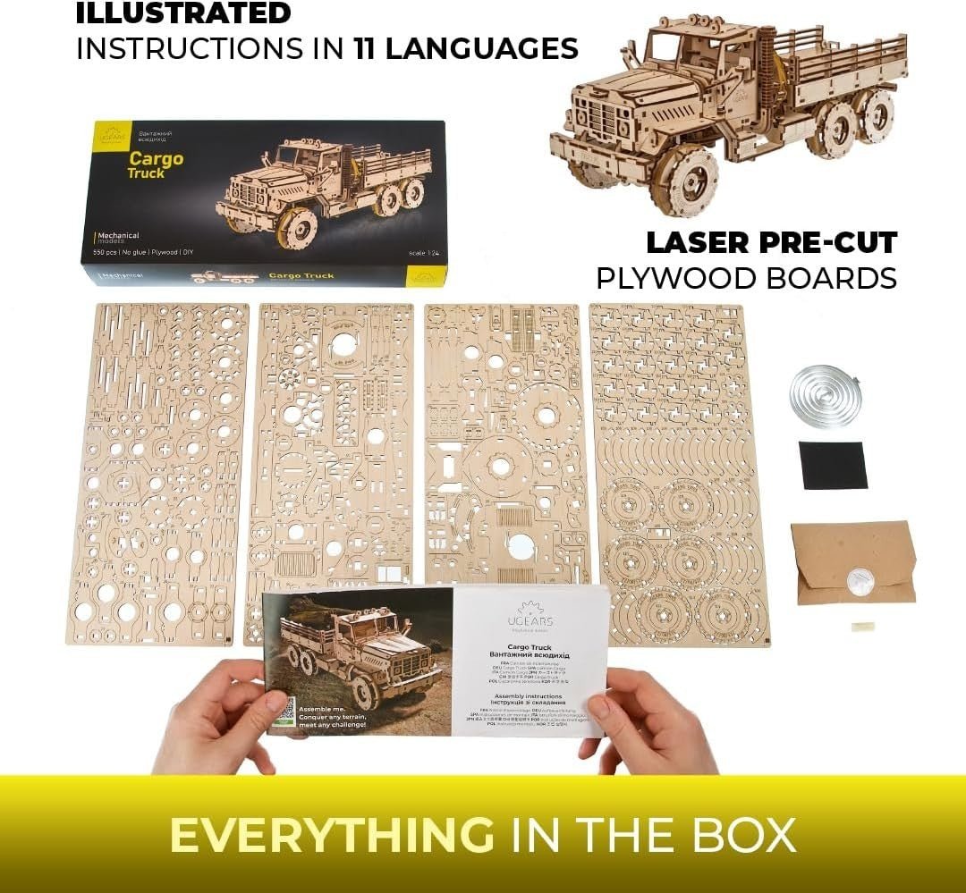 6x6 Cargo Truck 3D Wooden Puzzle Mechanical Model Kit DIY Build - Kwikley