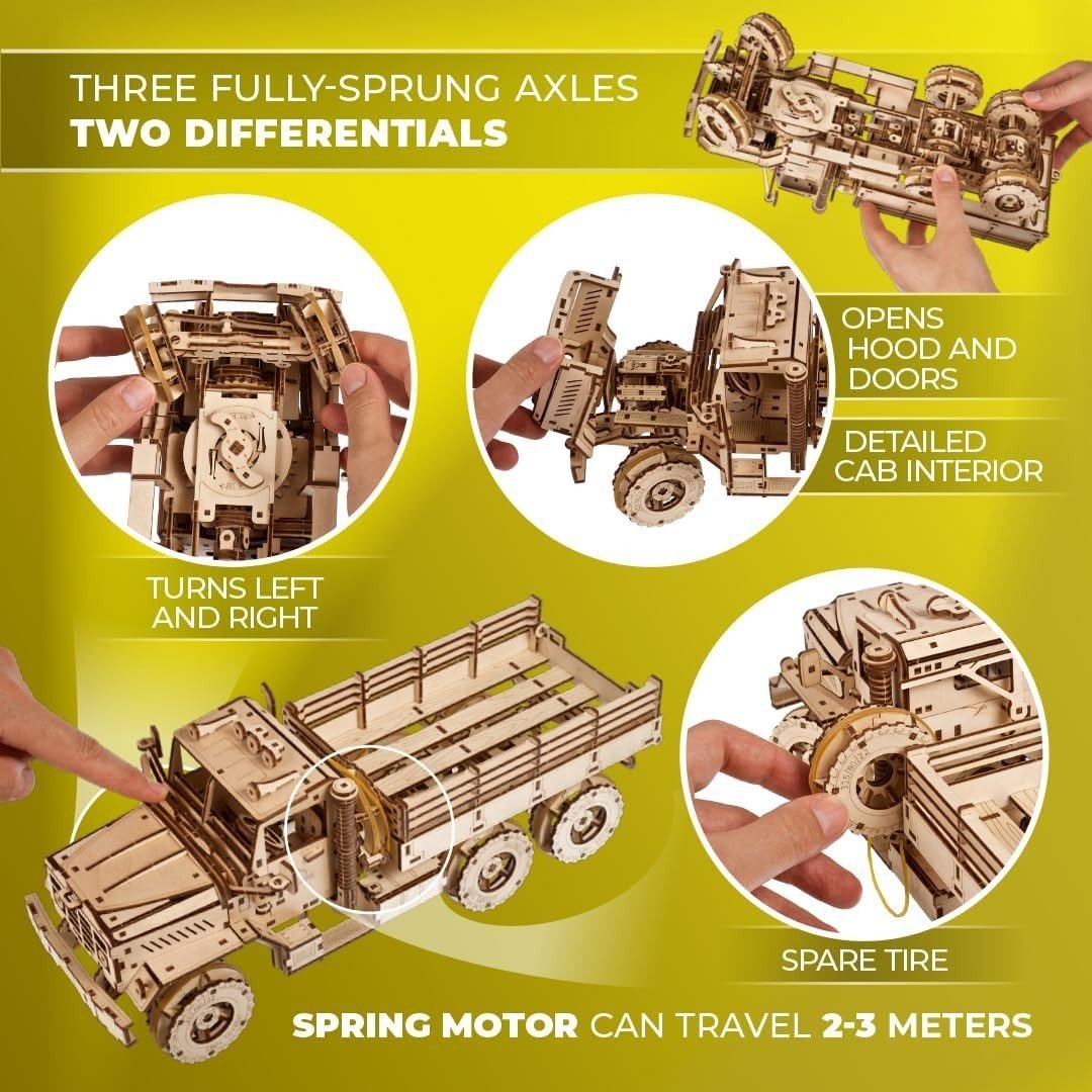 6x6 Cargo Truck 3D Wooden Puzzle Mechanical Model Kit DIY Build - Kwikley