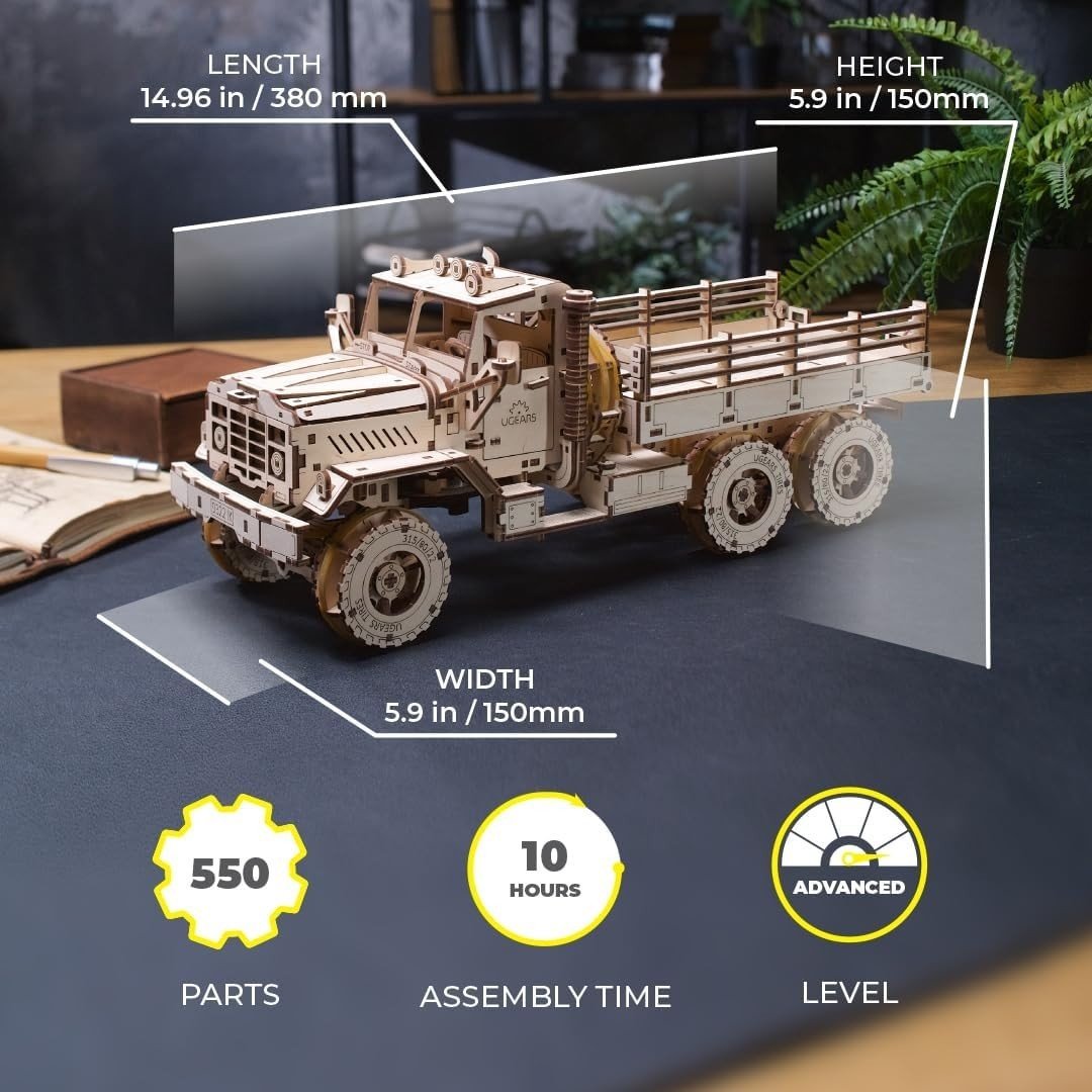 6x6 Cargo Truck 3D Wooden Puzzle Mechanical Model Kit DIY Build - Kwikley
