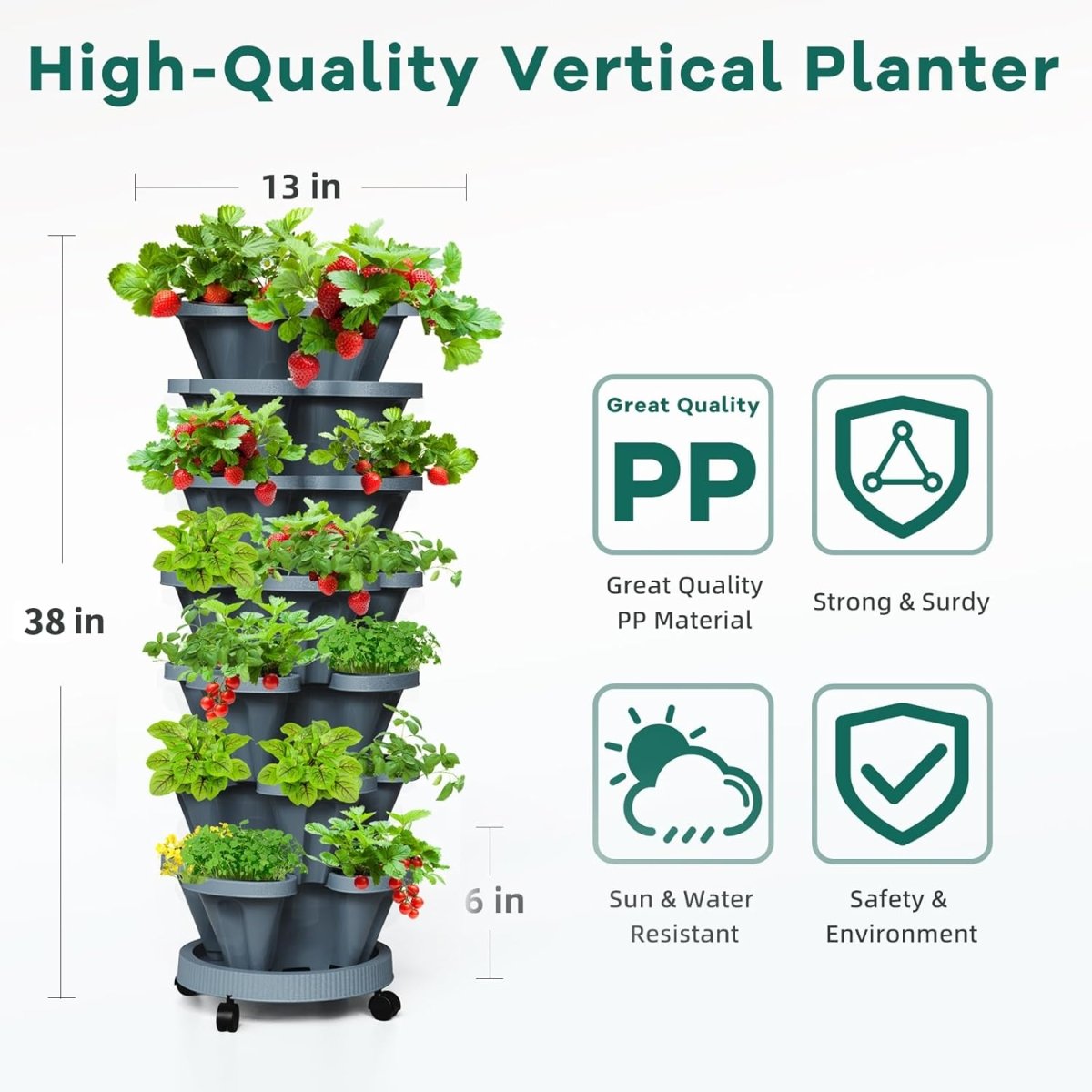 7 Tier Vertical Planter Tower Stackable Garden Pots Dark Grey - Kwikley