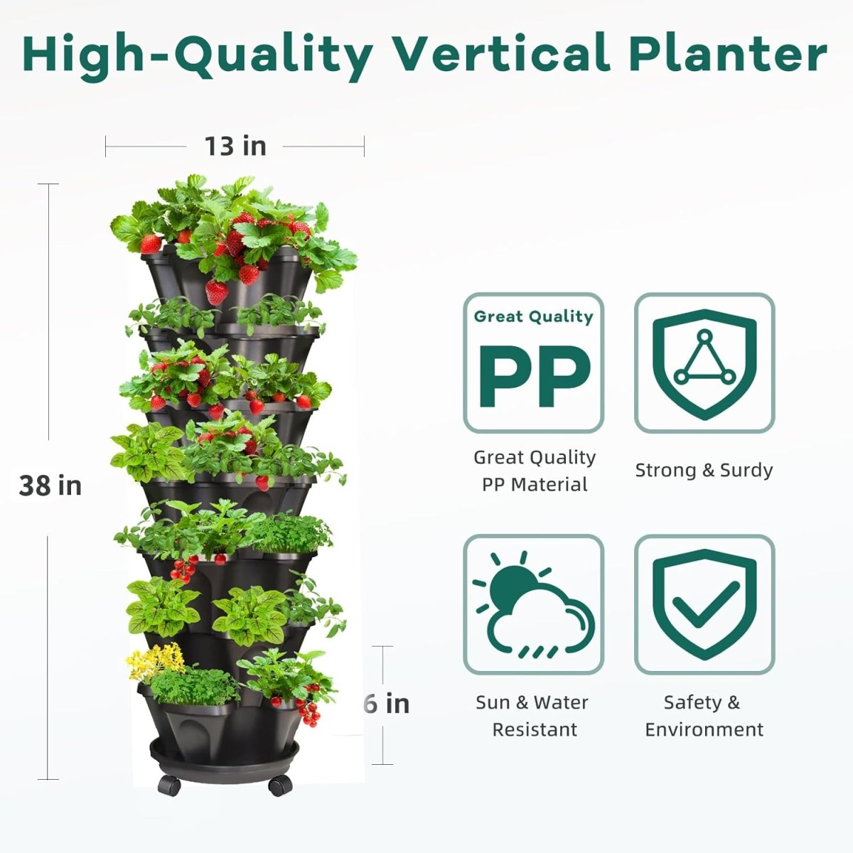 7 Tier Vertical Planter Tower Stackable Garden Pots with Wheels - Kwikley