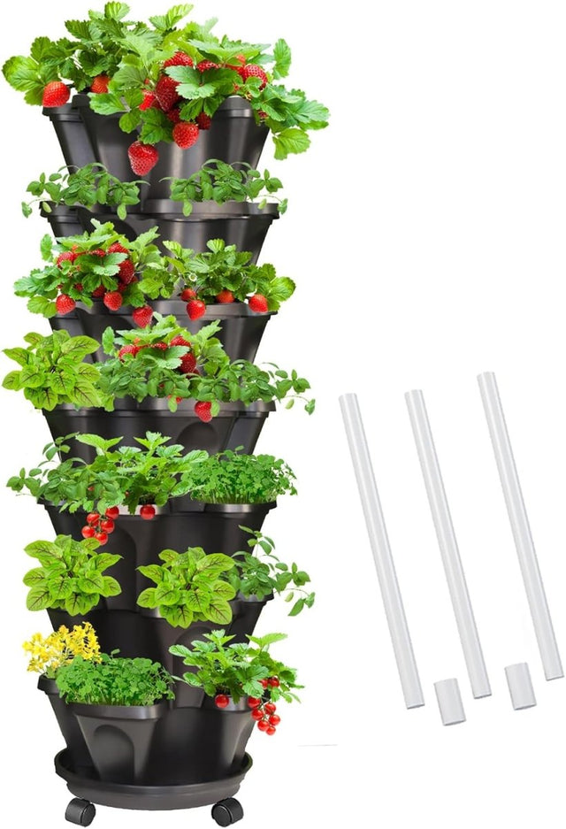 7 Tier Vertical Planter Tower Stackable Garden Pots with Wheels