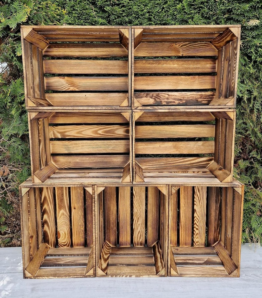 7 x Burnt Effect Wooden Crates 29x23x39cm Rustic Decorative Storage Box - Kwikley