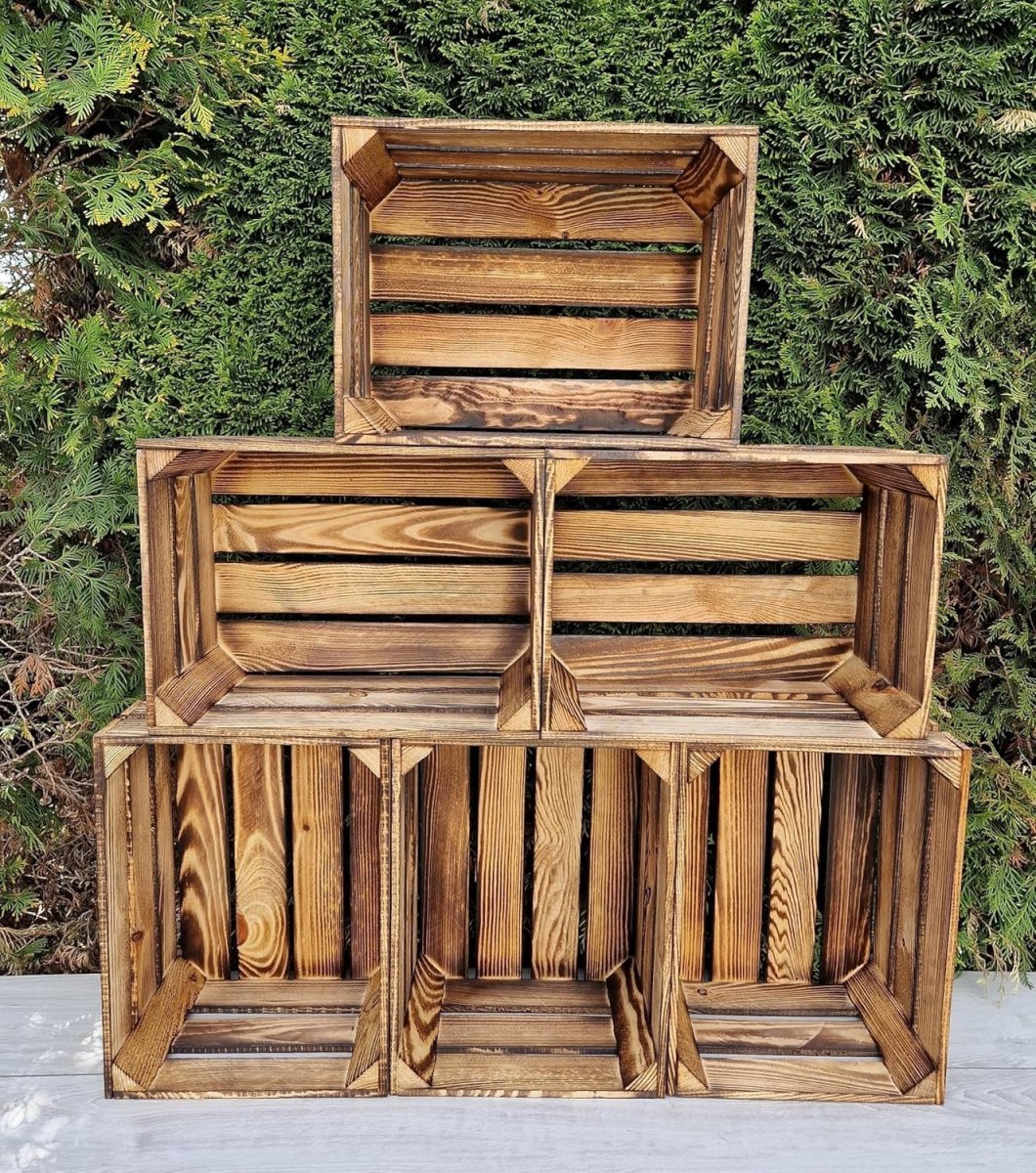 7 x Burnt Effect Wooden Crates 29x23x39cm Rustic Decorative Storage Box - Kwikley