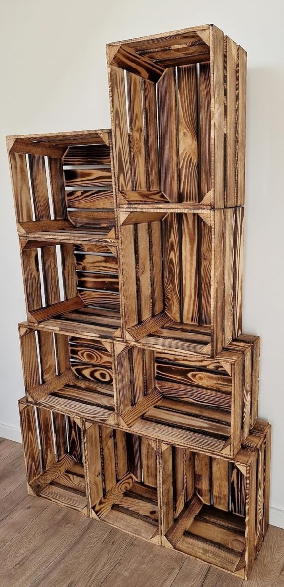 7 x Burnt Effect Wooden Crates 29x23x39cm Rustic Decorative Storage Box - Kwikley