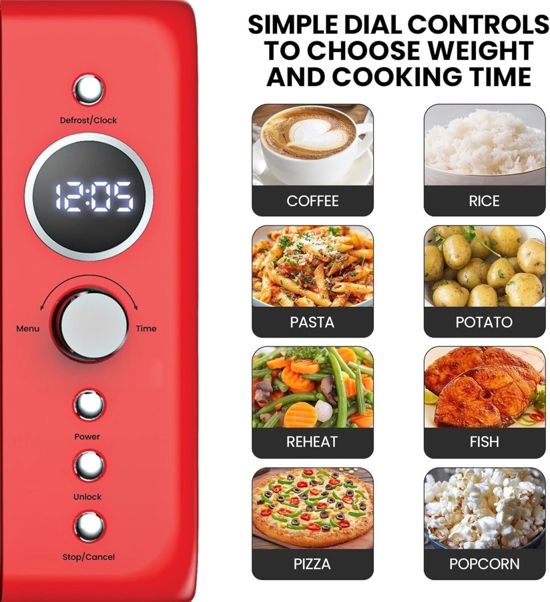 700W Red Retro Microwave Oven 20L LED Digital Mini Countertop 8 Modes - Kwikley