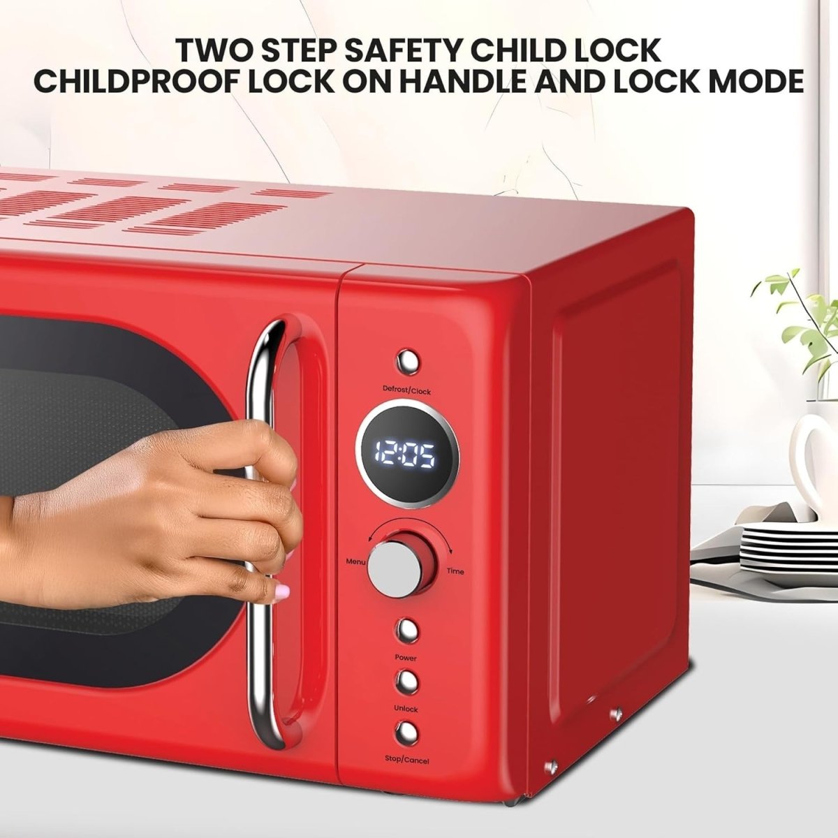 700W Red Retro Microwave Oven 20L LED Digital Mini Countertop 8 Modes - Kwikley
