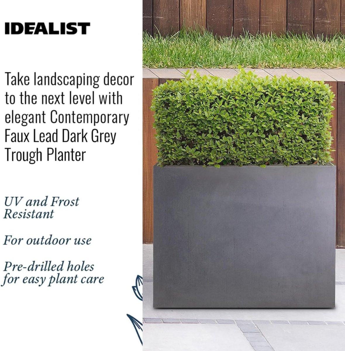 70cm Large Trough Planter Dark Grey Stone Effect Outdoor Pot - Kwikley