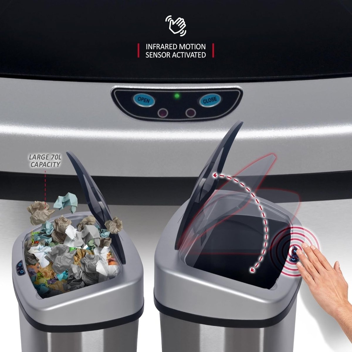 70L Automatic Sensor Kitchen Bin Stainless Steel Touchless - Kwikley