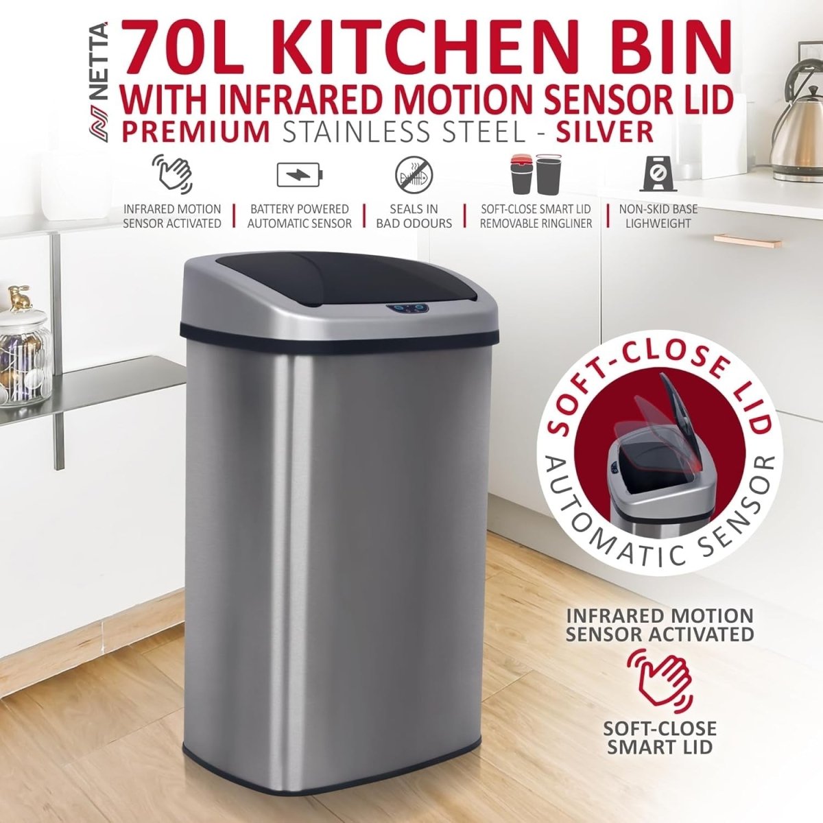 70L Automatic Sensor Kitchen Bin Stainless Steel Touchless - Kwikley