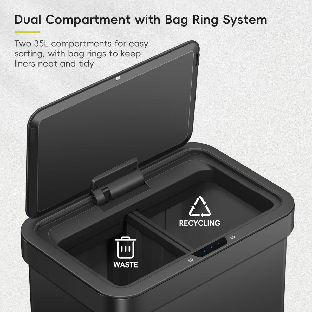 70L Dual Sensor Recycling Bin Matt Black Soft Close - Kwikley
