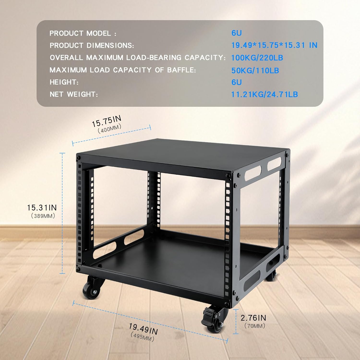 6U Open Frame Server Rack with Wheels 4 Post Mobile Stand