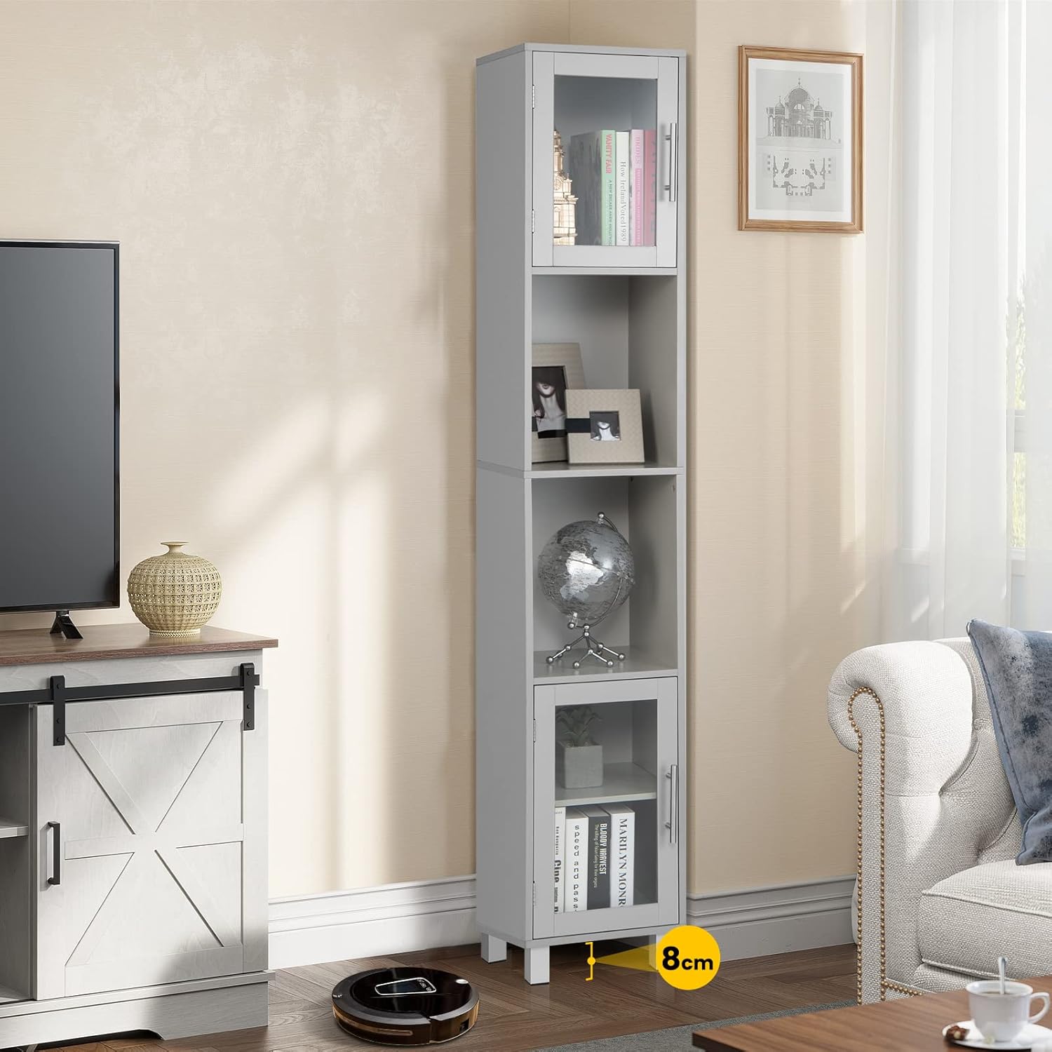 Tall Bathroom Storage Cabinet Slim Grey Cupboard Glass Door Shelf Unit