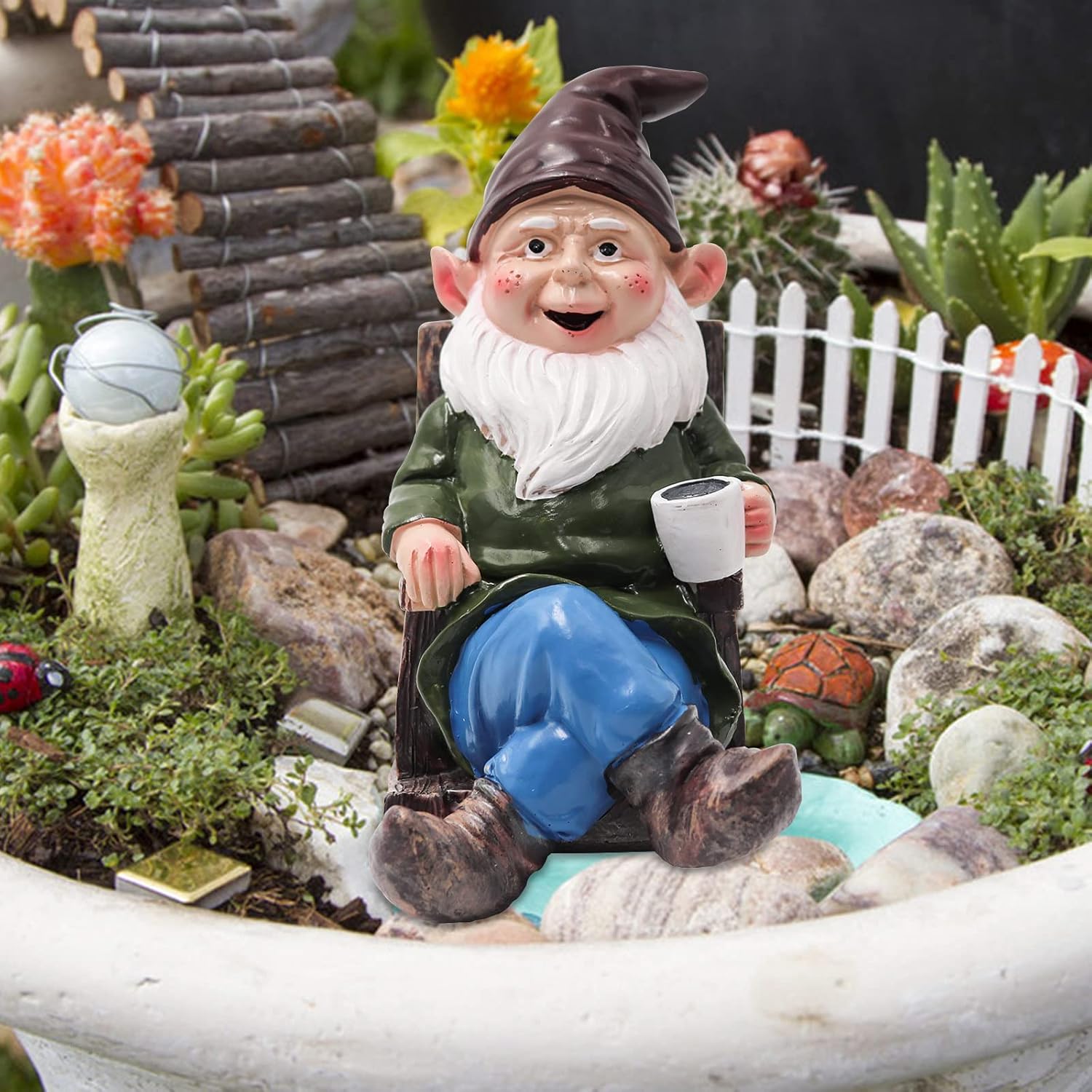 Garden Gnome Statue Drinking Coffee Resin Outdoor Decor Figurine