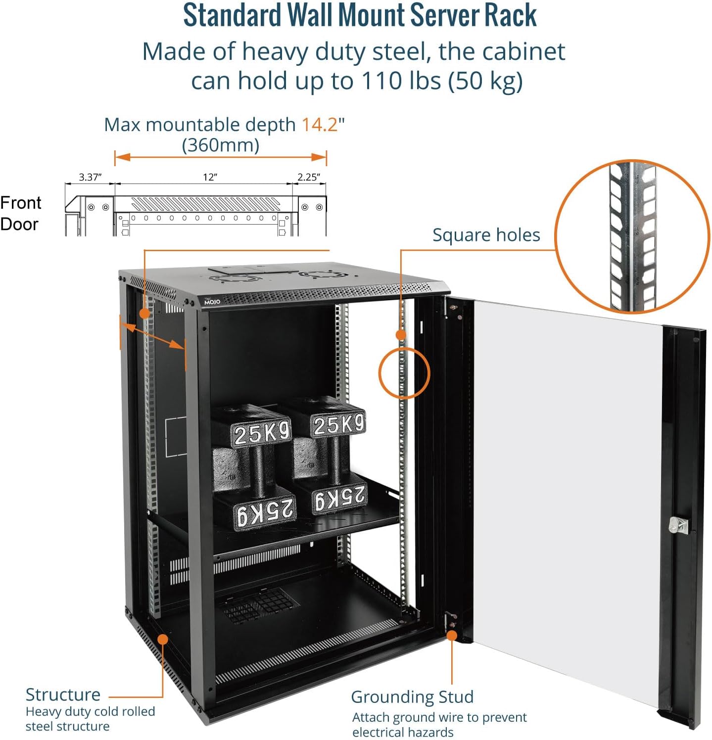 18U Wall Mount Server Cabinet 450mm Glass Door Black