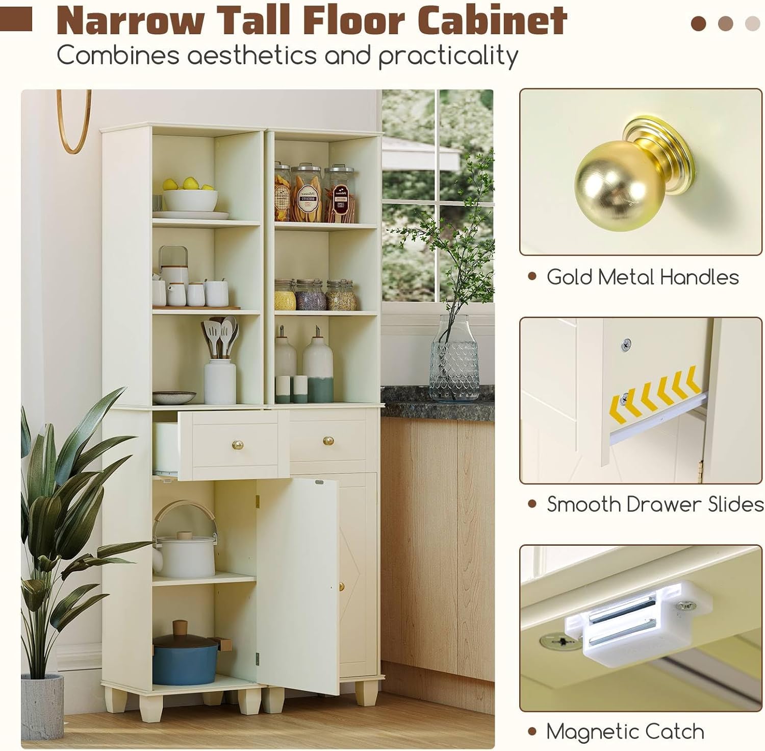 Slim Tall Storage Cabinet Beige Drawer Shelf Door Unit