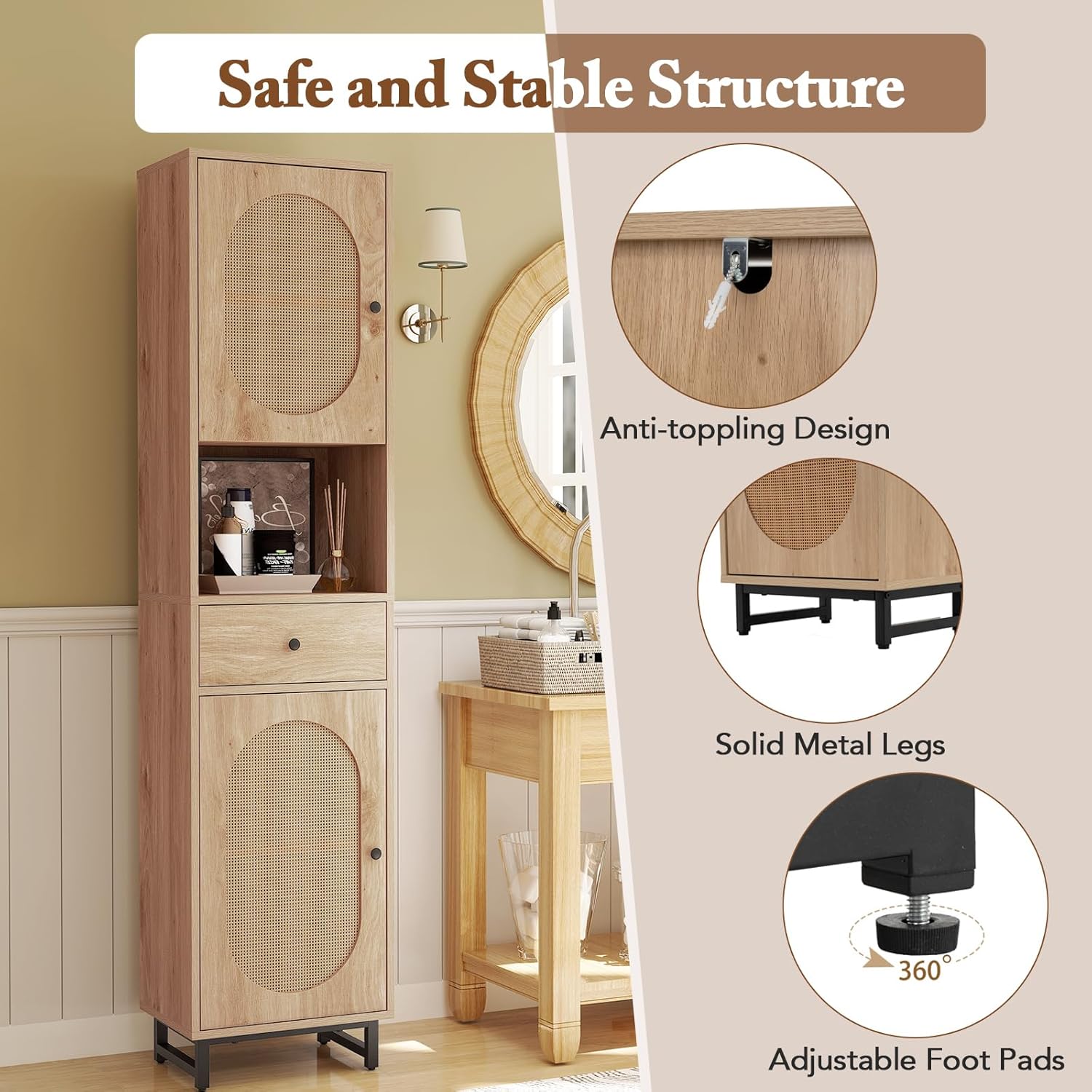 Tall Slim Storage Cabinet Natural Rattan Drawer Door Unit