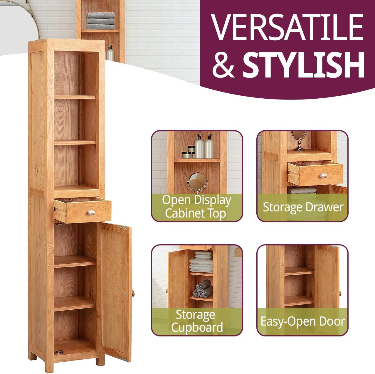 Solid Oak Tall Bathroom Storage Cabinet Drawer Shelf Unit