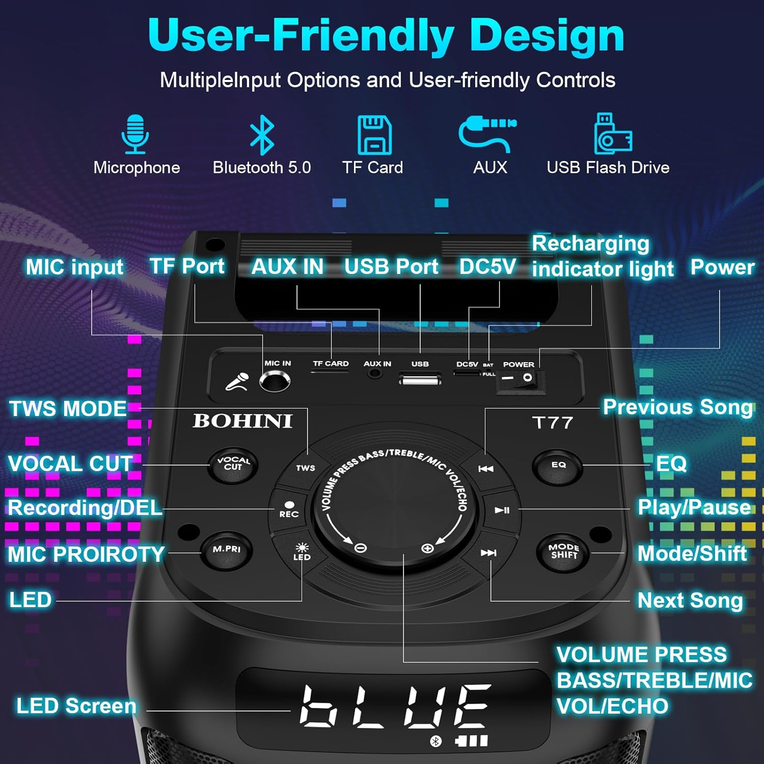 160W Portable Bluetooth Party Speaker Deep Bass LED TWS