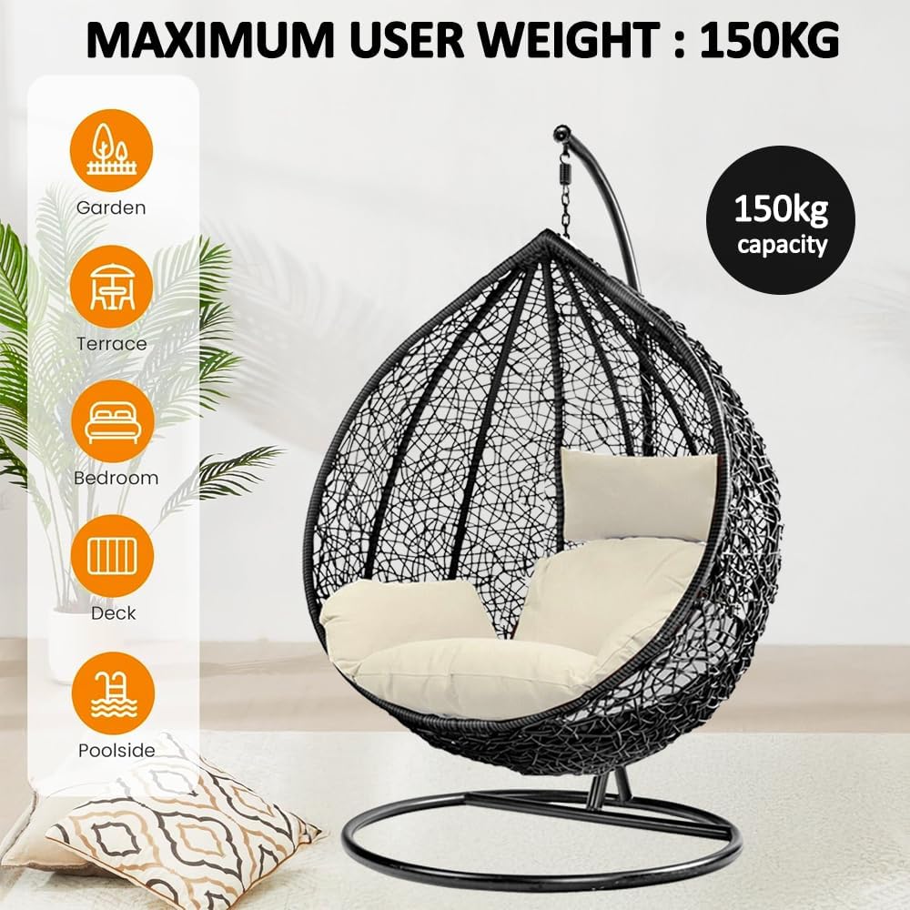 Hanging Egg Chair With Stand Cushion Black White