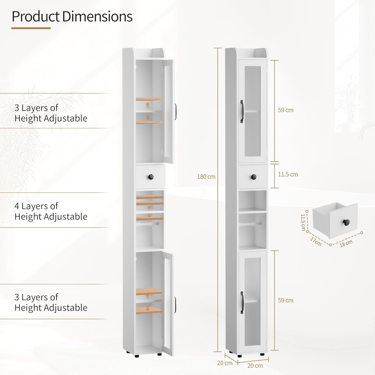 Tall Slim Bathroom Cabinet Frosted Glass Door Drawer 180cm