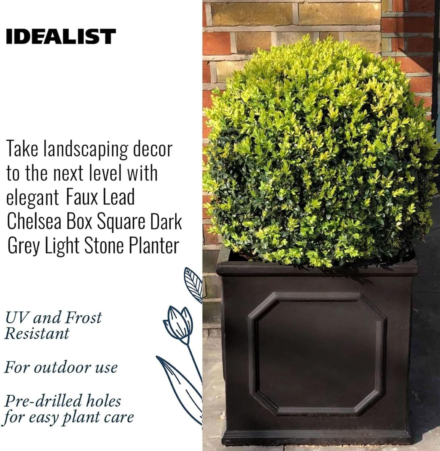 37cm Square Planter Faux Lead Dark Grey Garden Pot Drainage