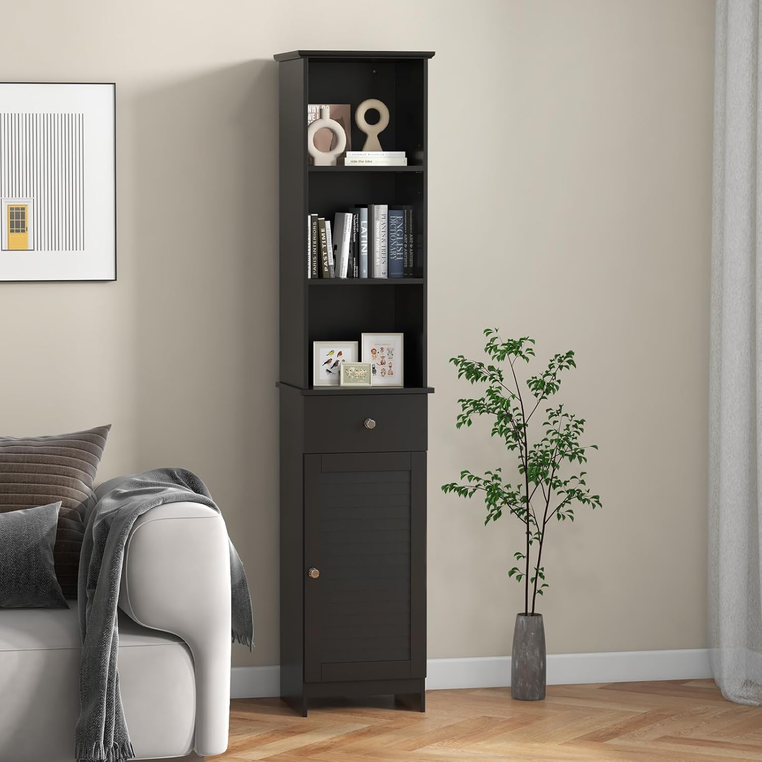Slim Bathroom Tall Cabinet Drawer Door Shelf Unit Black