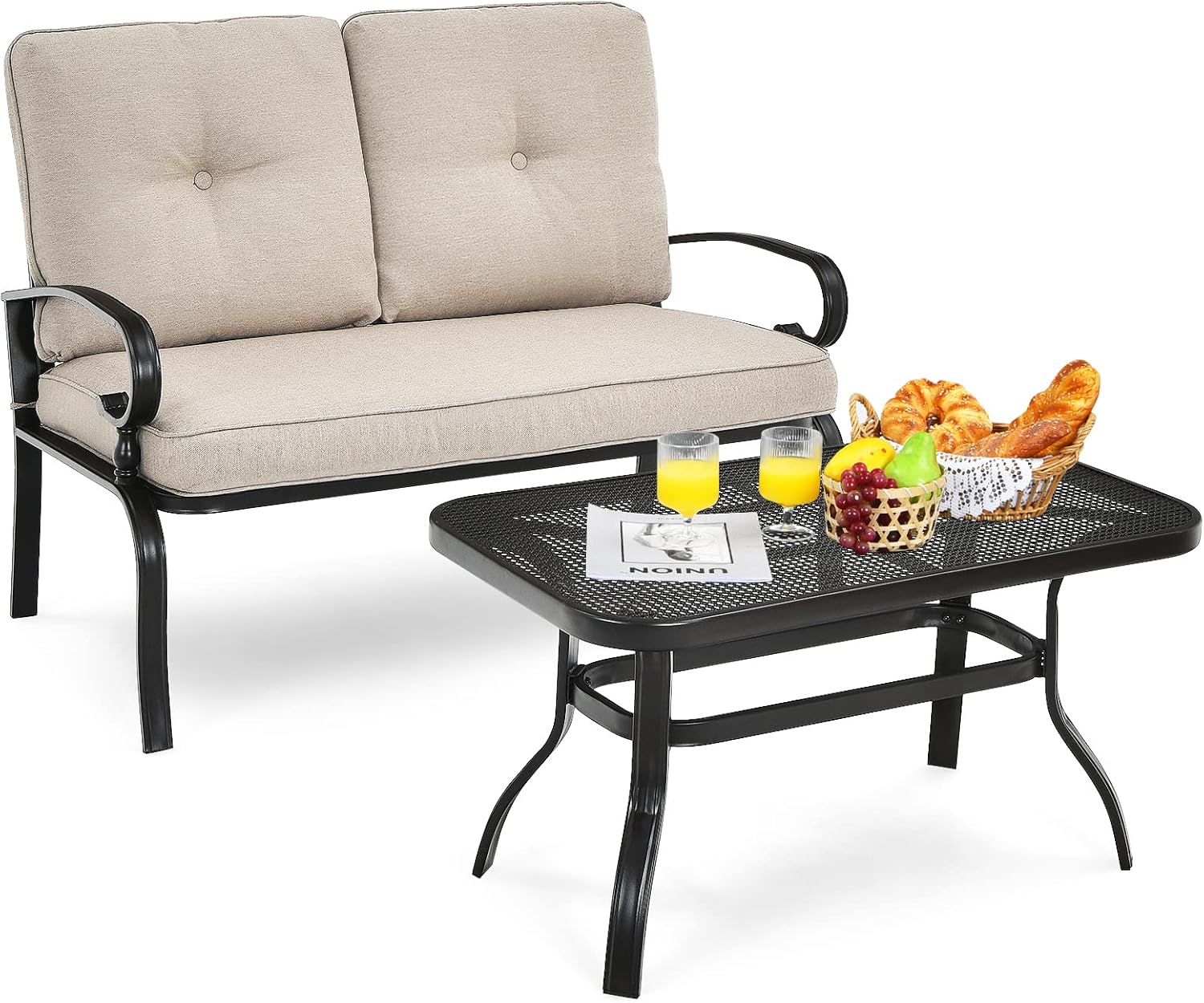 2 Seater Garden Loveseat with Coffee Table Cushioned Patio Set
