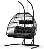 2 Seater Egg Swing Chair with Stand Cushion Black