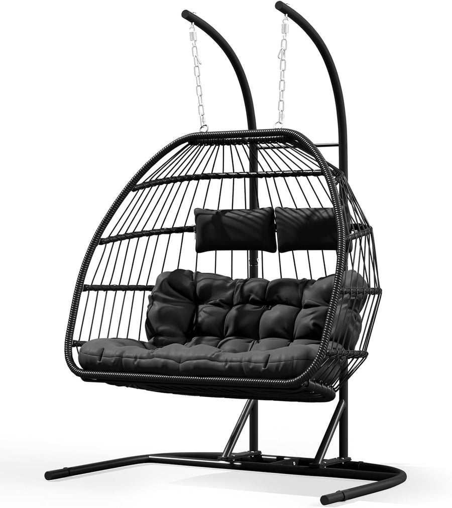 2 Seater Egg Swing Chair with Stand Cushion Black