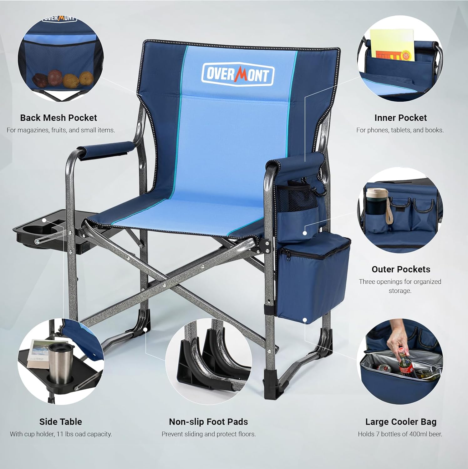 Heavy Duty Folding Camping Chair 180kg Cooler Table Blue