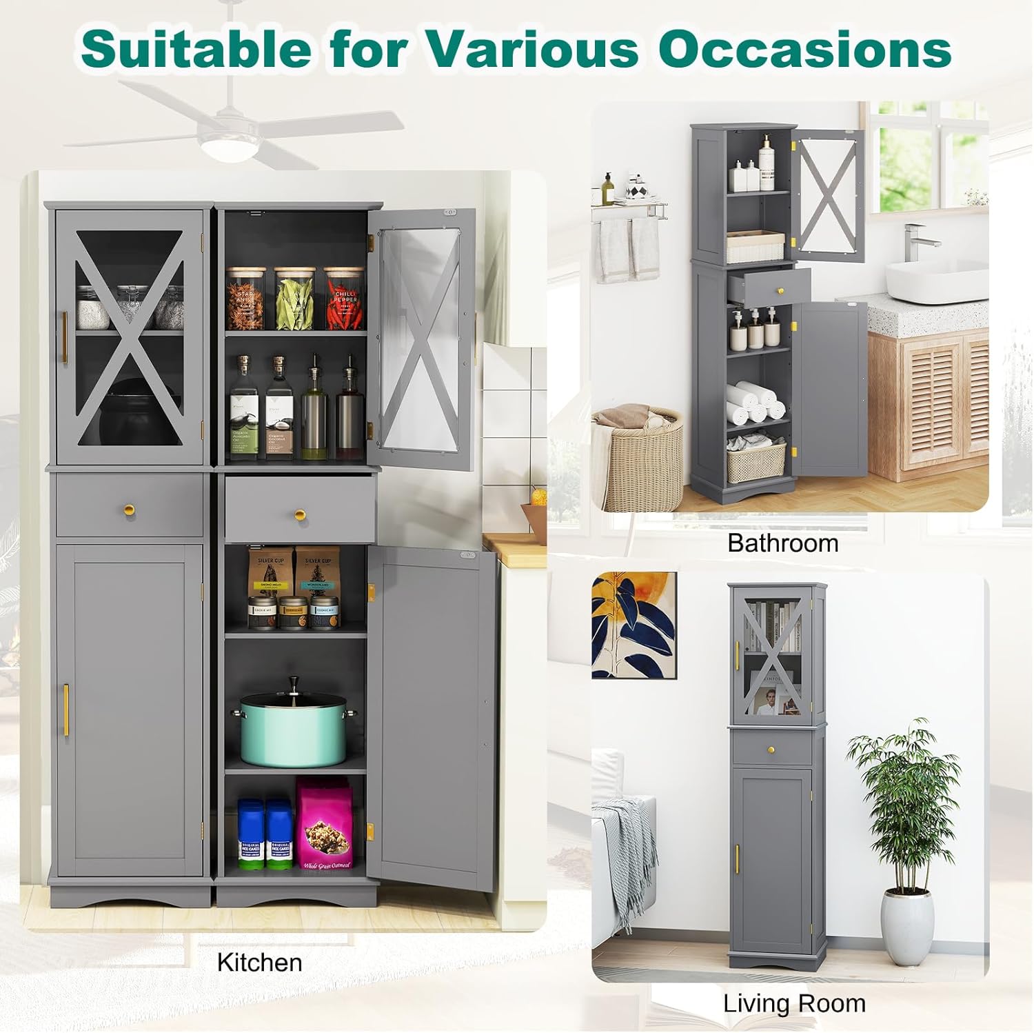 Slim Bathroom Tall Cabinet Drawer 2 Door Shelf Unit Grey
