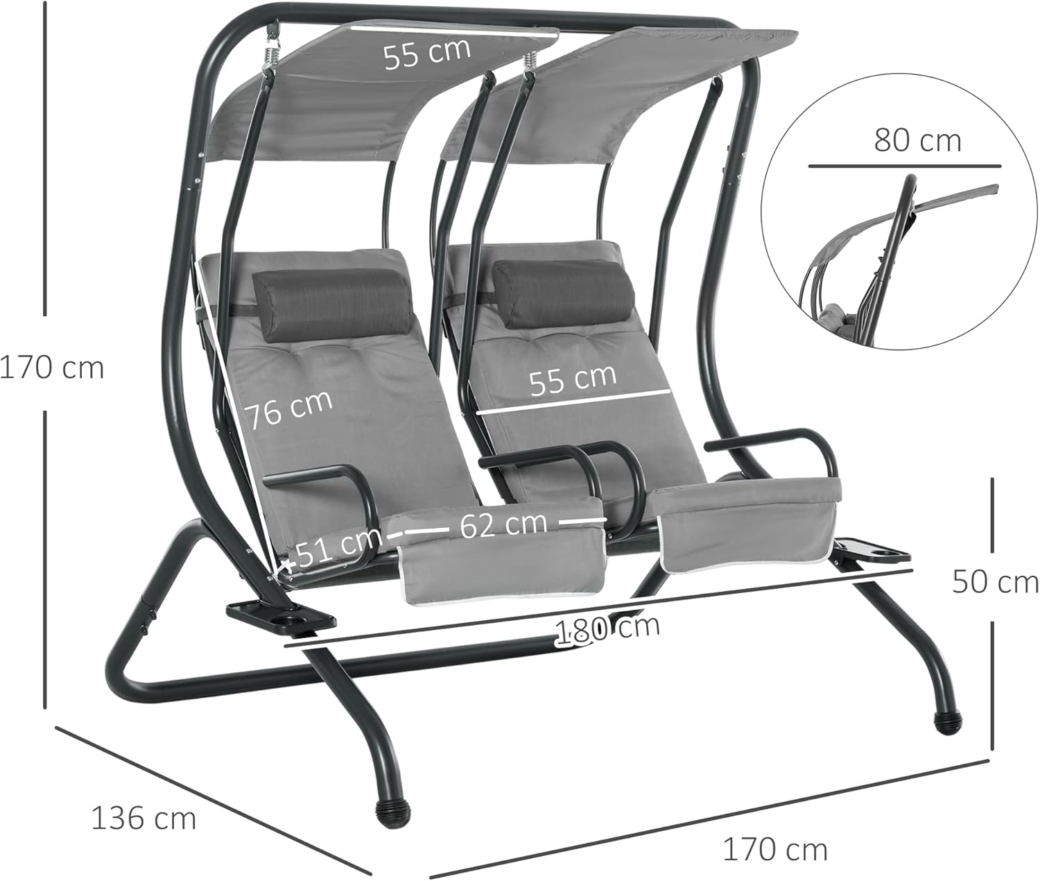 2 Seater Canopy Swing Chair with Cup Holders Grey
