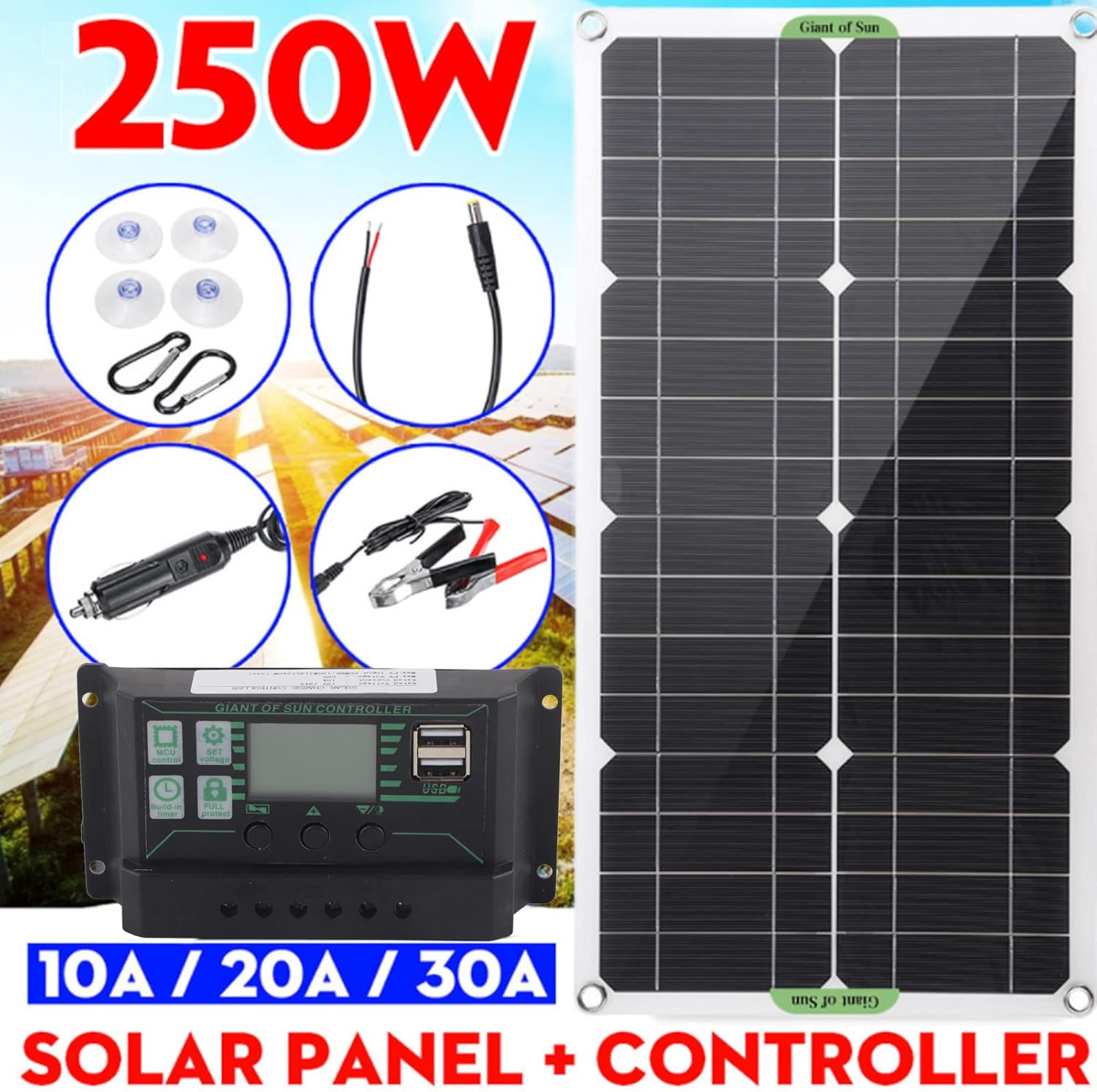 250W Solar Panel Kit 12V 24V Portable Charger RV Boat